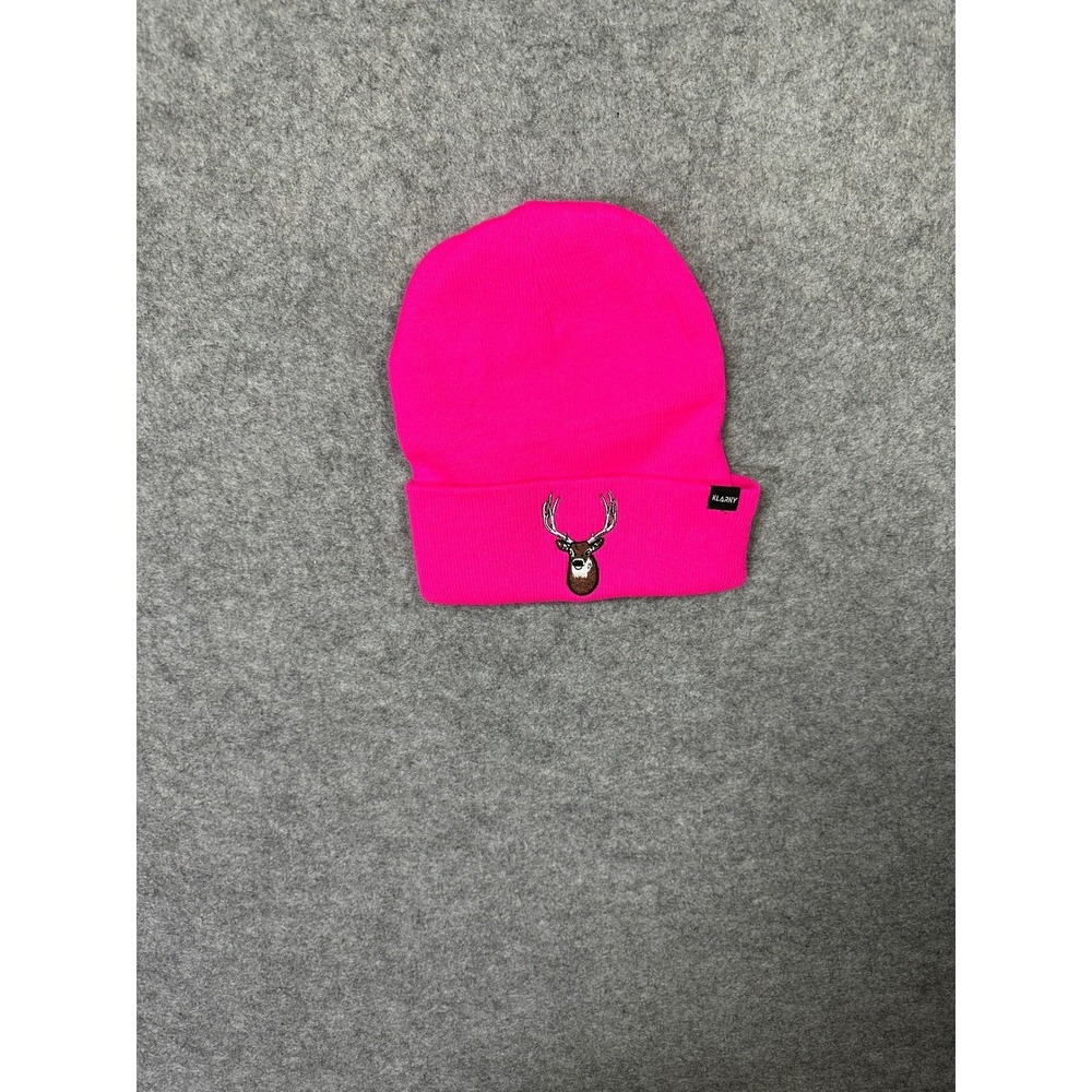 Klaky Neon Pink Beanie Hat‎ Embroidered Deer Head Antlers Cuffed Knit Cap